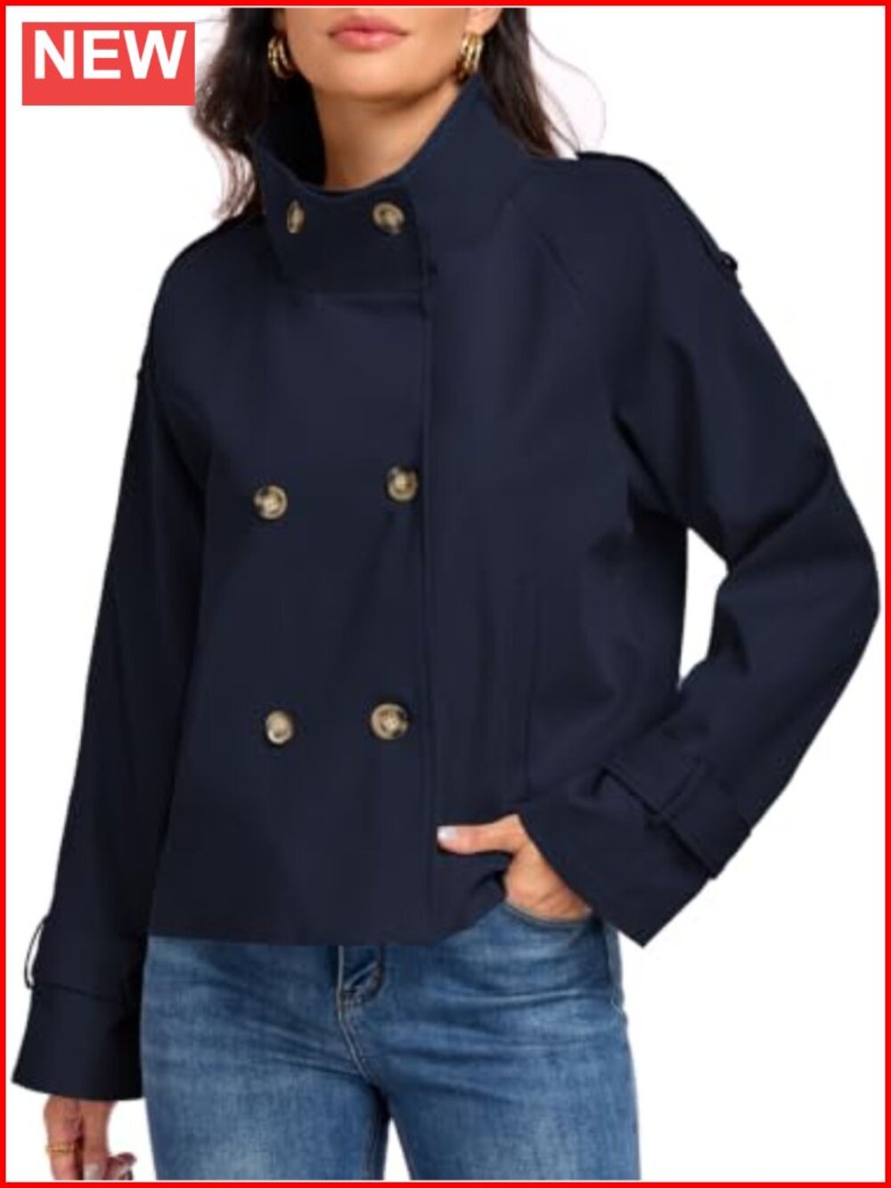 Womens Cropped Trench Coat Funnel Neck Double Breasted Fall Jacket